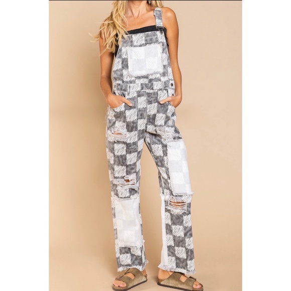 POL Black & White Distressed Patchwork Checker Pattern Overalls - Picture 9 of 9